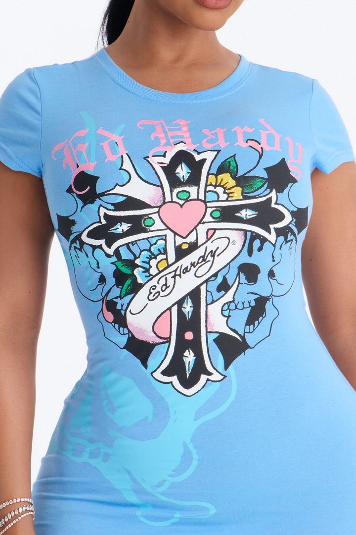 Ed Hardy Heart Cross TShirt Mini Dress - Blue