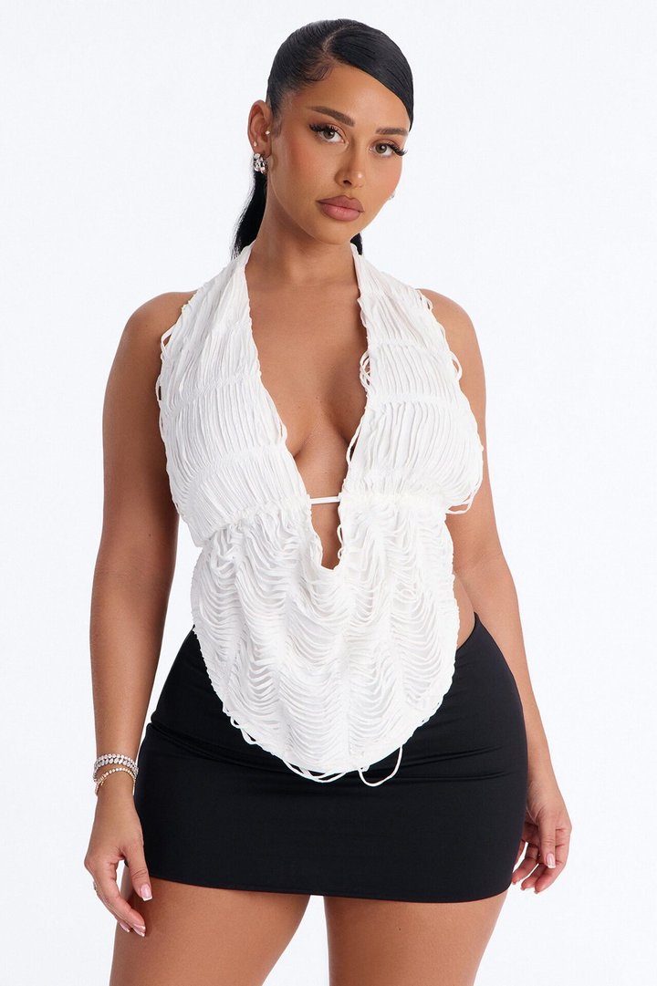 Playa Paradise Textured Deep Cowl Halter Top - White
