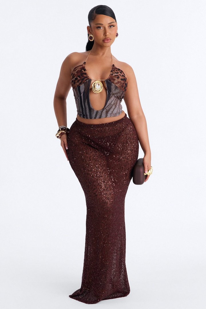 Lost In Paradise Sequin Maxi Skirt - Chocolate