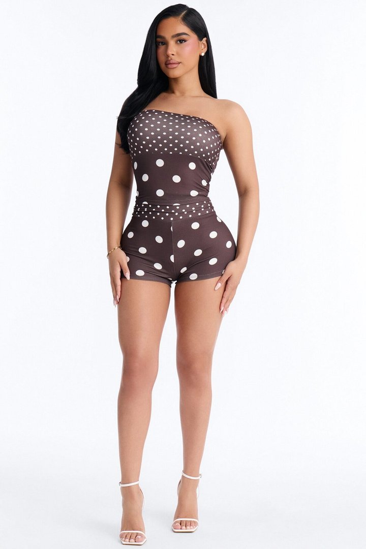 Sabrina Polka Dot Fold Over Waist Micro Short Set - Chocolate