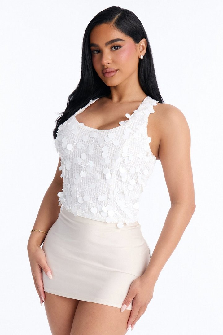 Afterglow Sequin Racerback Crop Tank Top - White