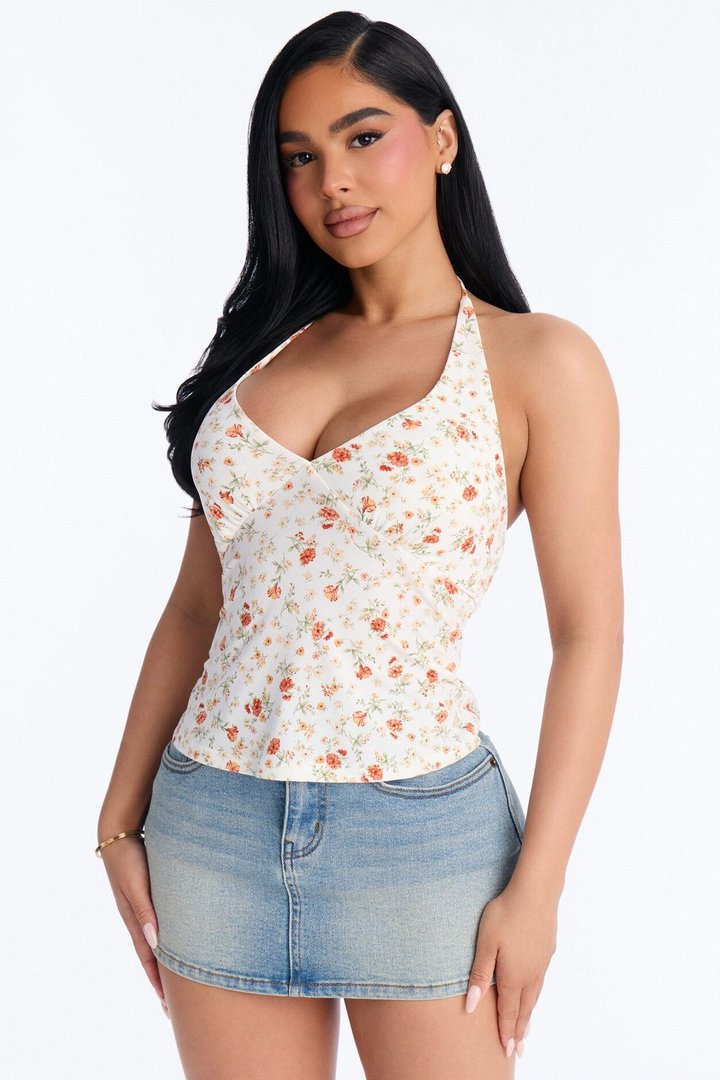 Rosie Double Lined Floral Halter Neck Top - Off White