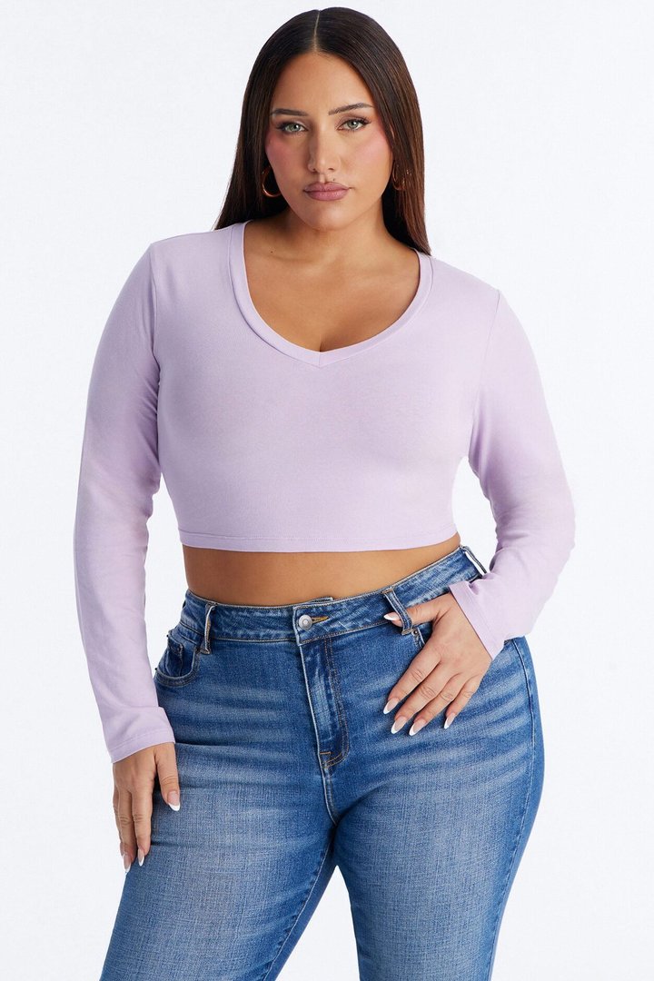 Carly V Neck Crop Long Sleeve Tee - Lilac