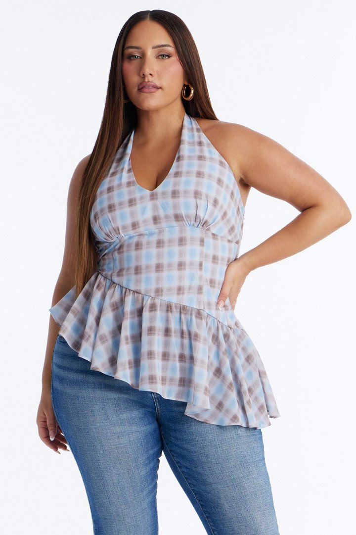 Afternoon Delight Ruffle Plaid Chiffon Halter Top - Blue/combo