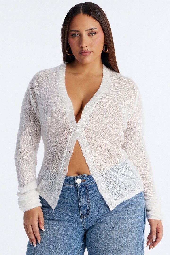 Sheer Me Out Long Sleeve Button Up Cardigan Sweater - Ivory