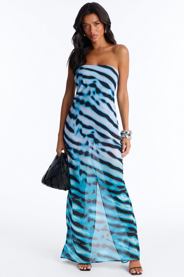 Brianna Strapless Chiffon Maxi Dress - Blue/combo