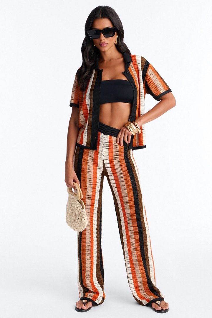 Lisa Crochet Wide Leg Pant Set - Orange/combo