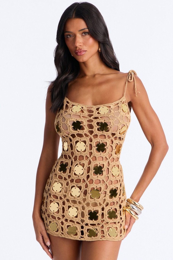 Wish Me Luck Sheer Crochet Mini Dress - Gold