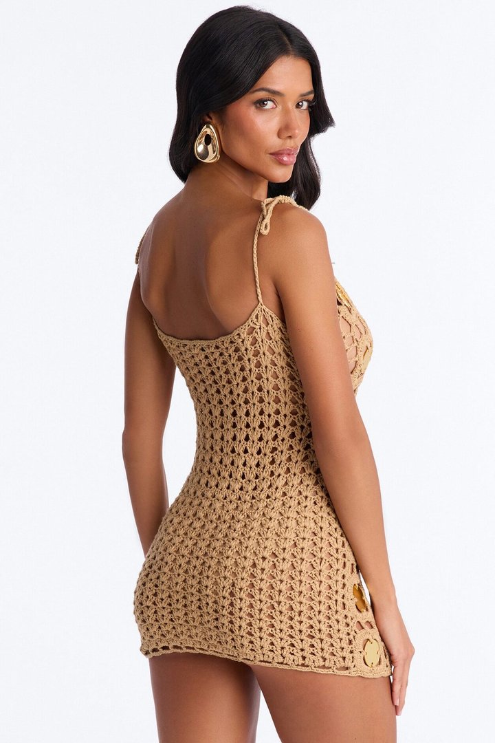 Wish Me Luck Sheer Crochet Mini Dress - Gold