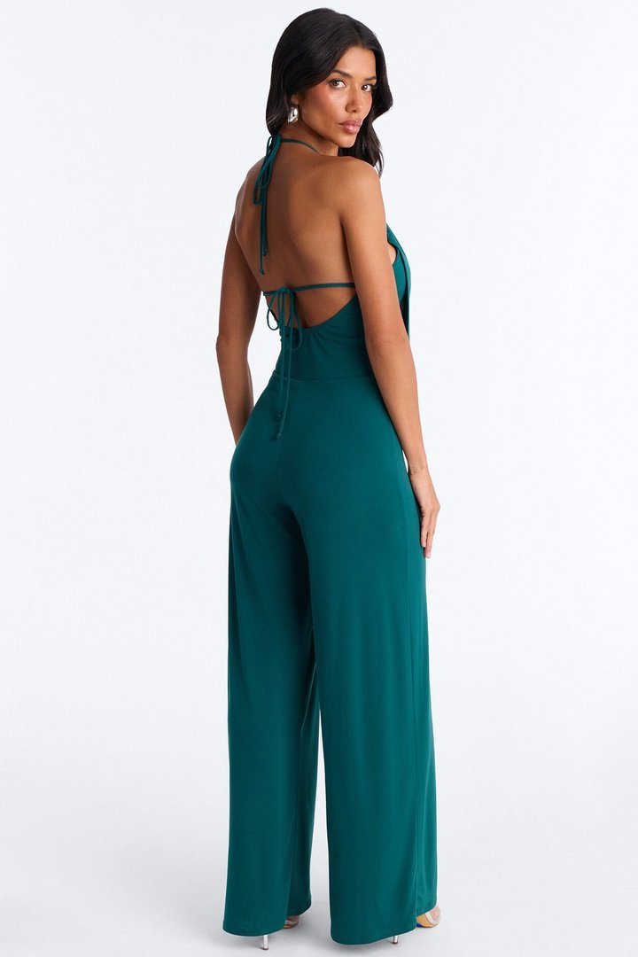 Shana Cowl Halter Wide Leg Jumpsuit - Green
