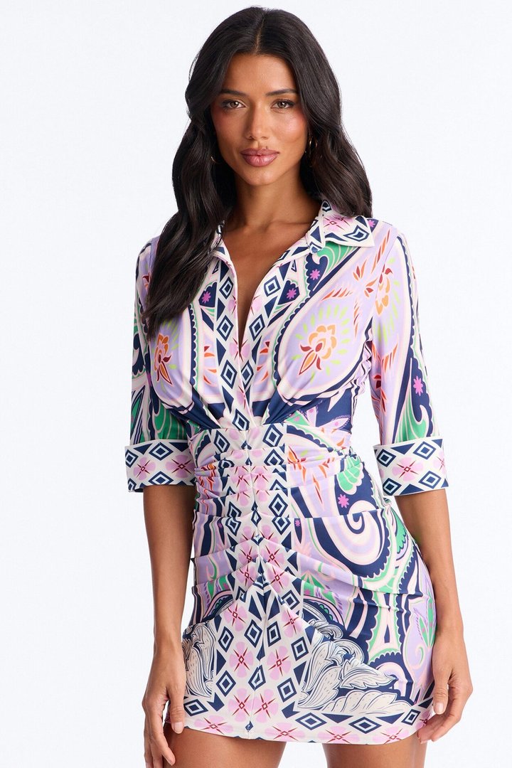 Delphine Ruched Printed Mini Dress - Purple/combo