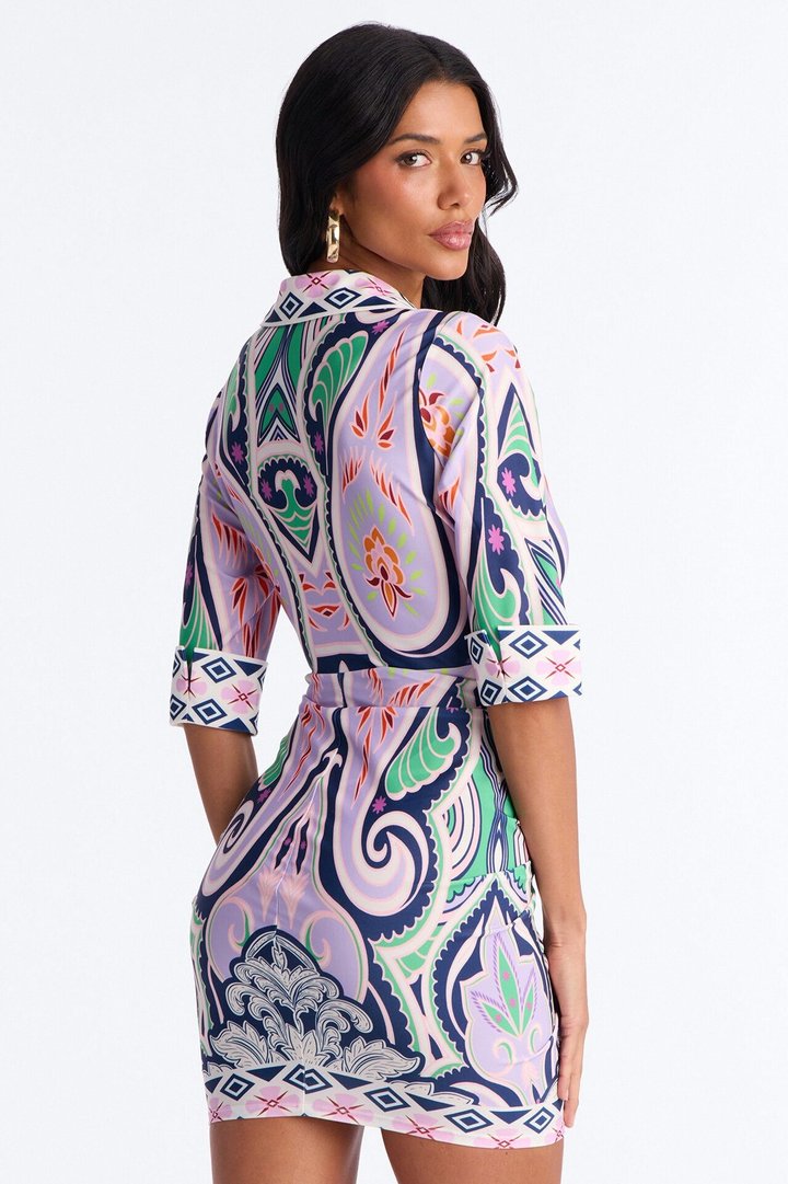 Delphine Ruched Printed Mini Dress - Purple/combo