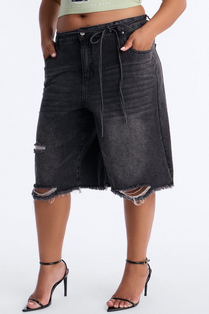Ludlow Tie Waist Ripped Denim Jorts - Black Wash