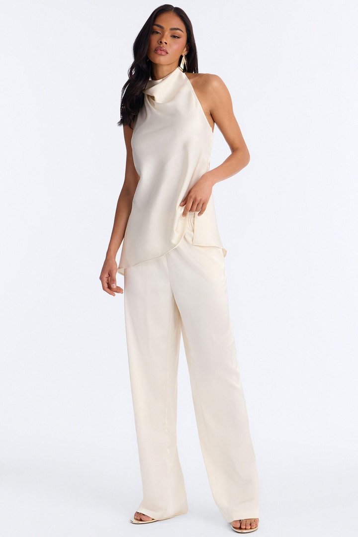 Teagan Low Rise Satin Wide Leg Pant 33″ - Ivory