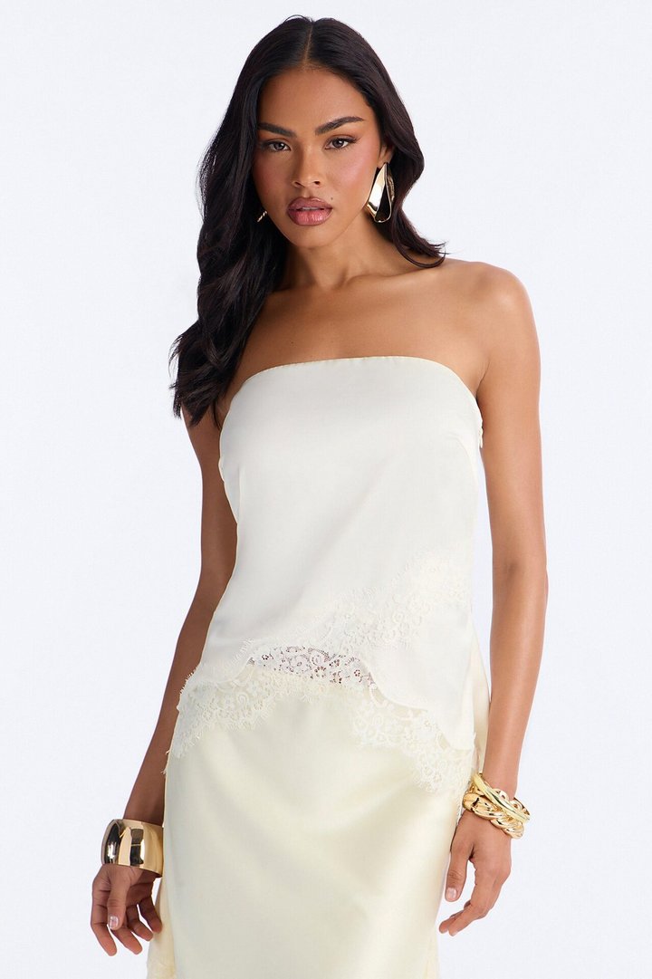 Pretty Poison Lace Trim Satin Tube Top - White