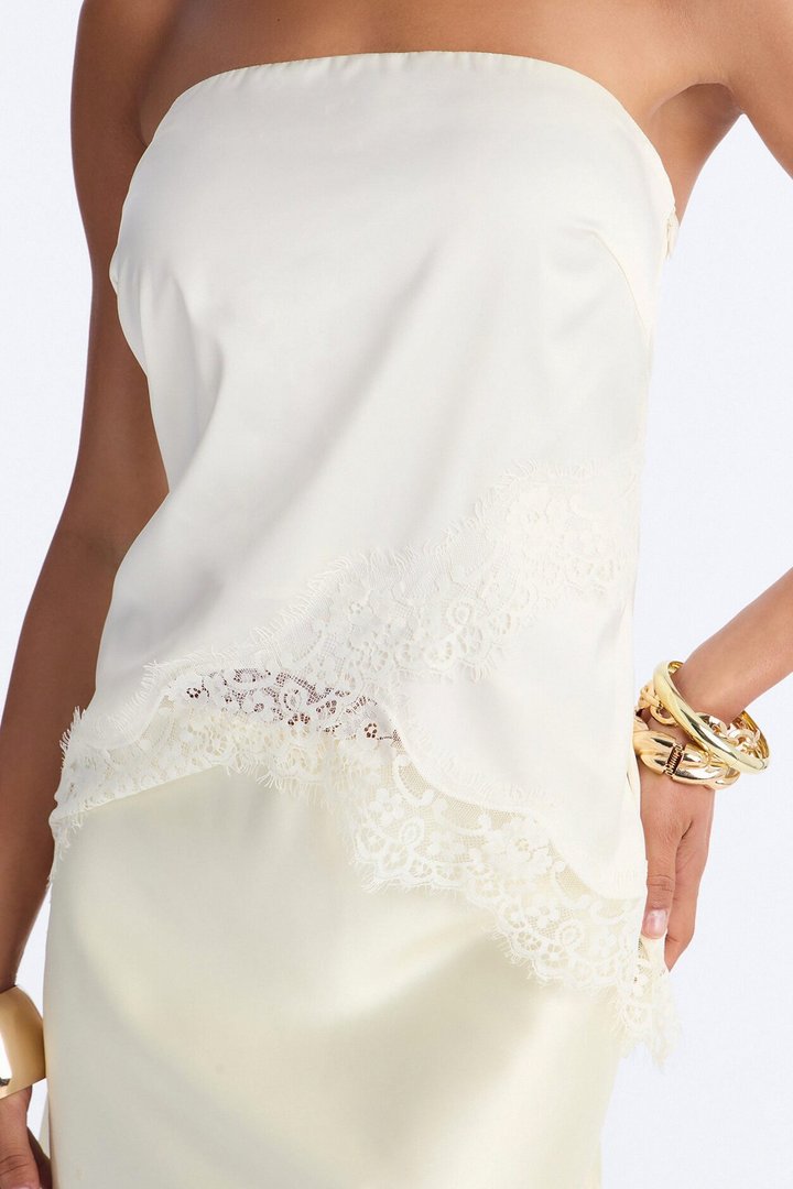Pretty Poison Lace Trim Satin Tube Top - White