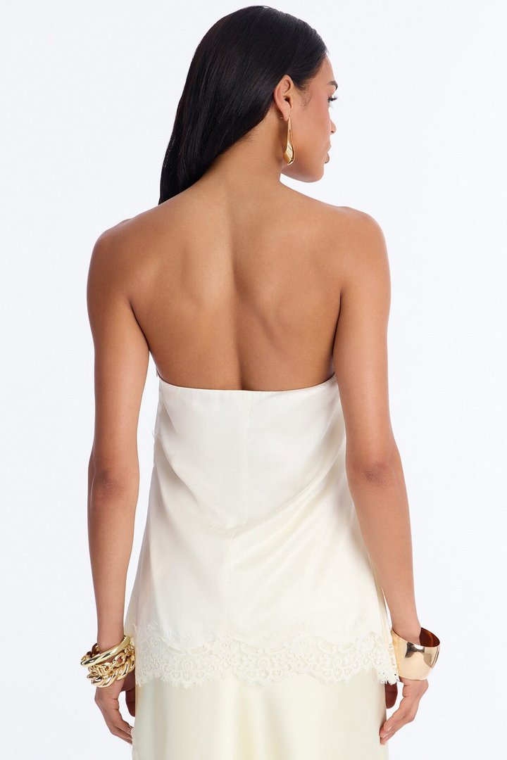 Pretty Poison Lace Trim Satin Tube Top - White