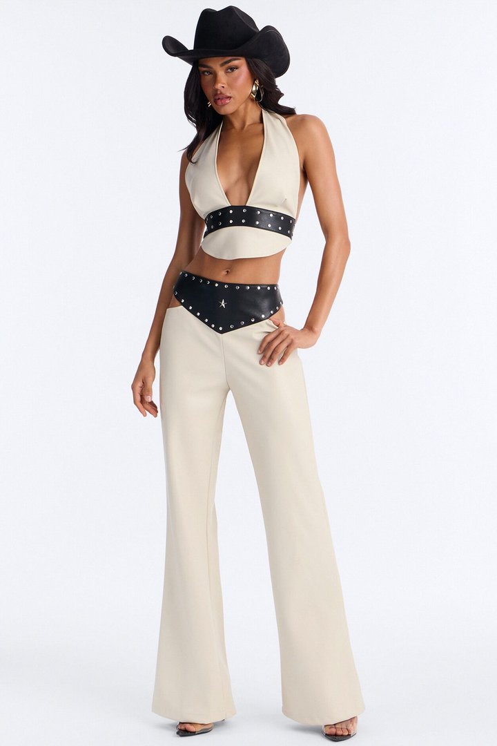 Natasha Faux Leather Studded Pant Set - Cream