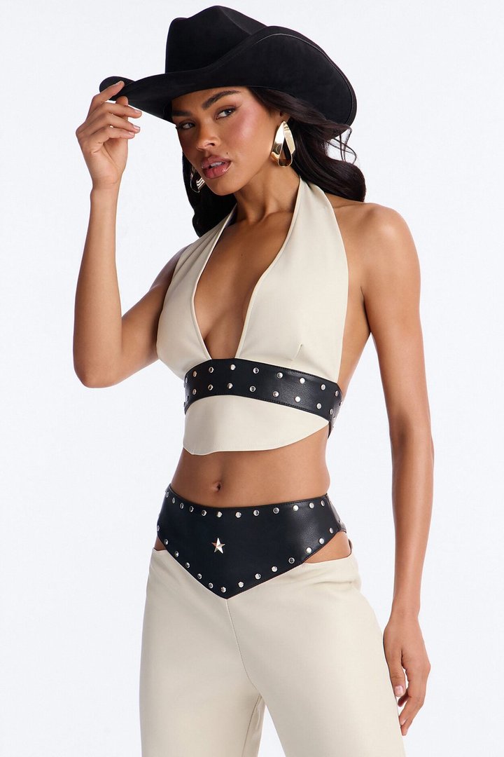 Natasha Faux Leather Studded Pant Set - Cream