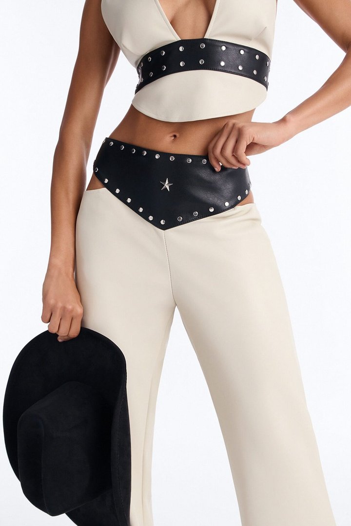 Natasha Faux Leather Studded Pant Set - Cream