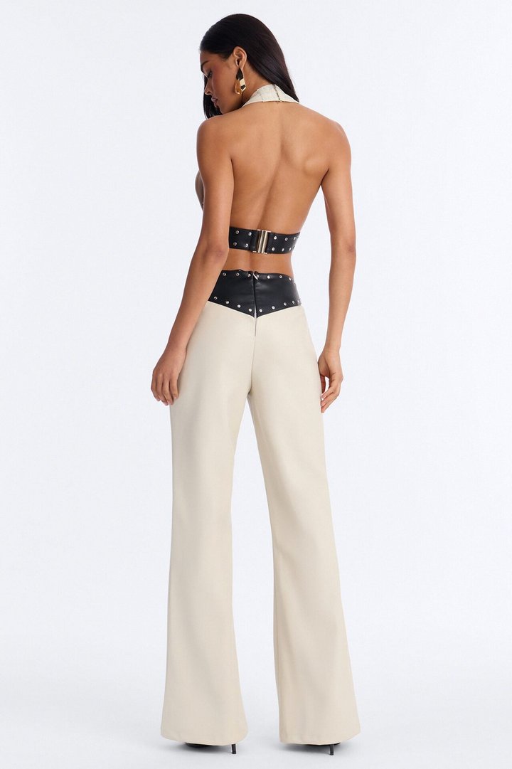 Natasha Faux Leather Studded Pant Set - Cream