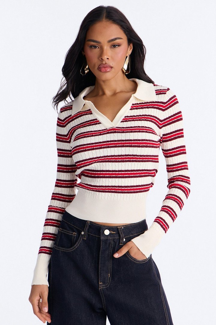 Settle Down Striped Sweater Top - Red/combo