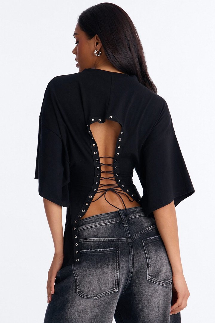 Final Game 74 Backless Lace Up Top - Black
