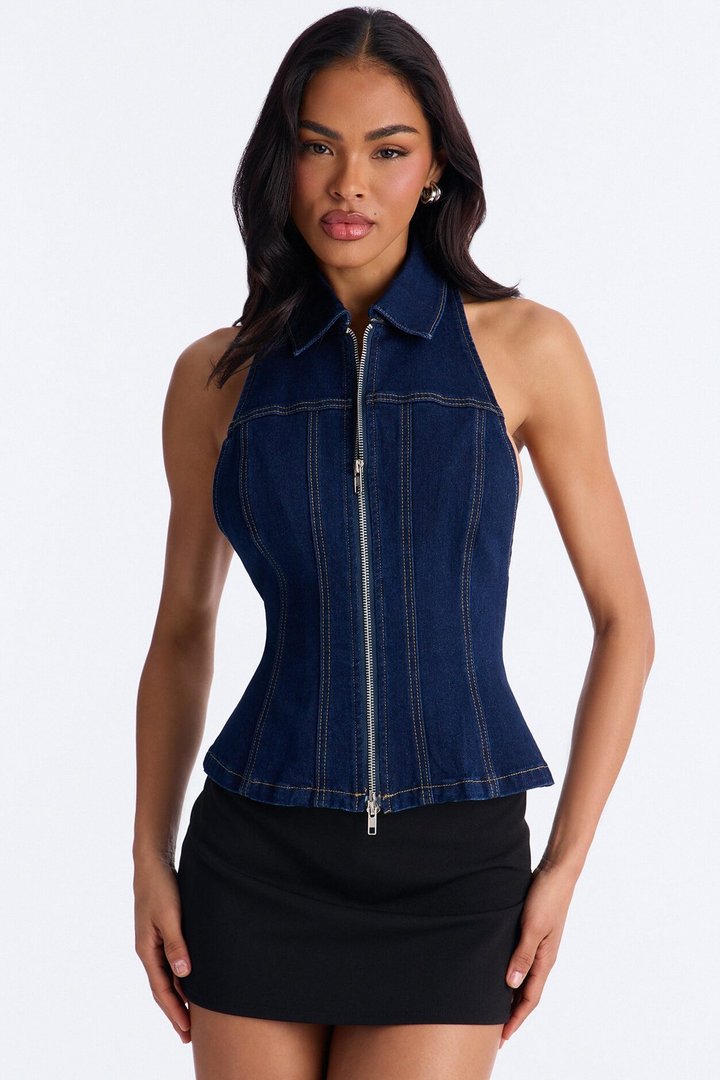 Street Smart Front Zip Denim Halter Top - Dark Wash