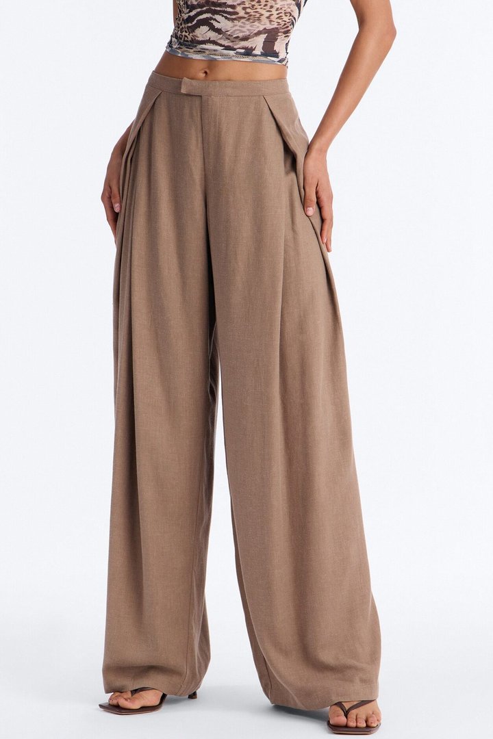 Gracie Low Rise Pleated Linen Wide Leg Trouser 33″ - Taupe