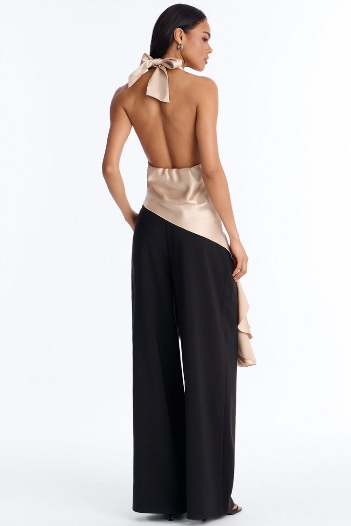 This Is The Look Asymmetrical Ruffle Satin Halter Top - Champagne