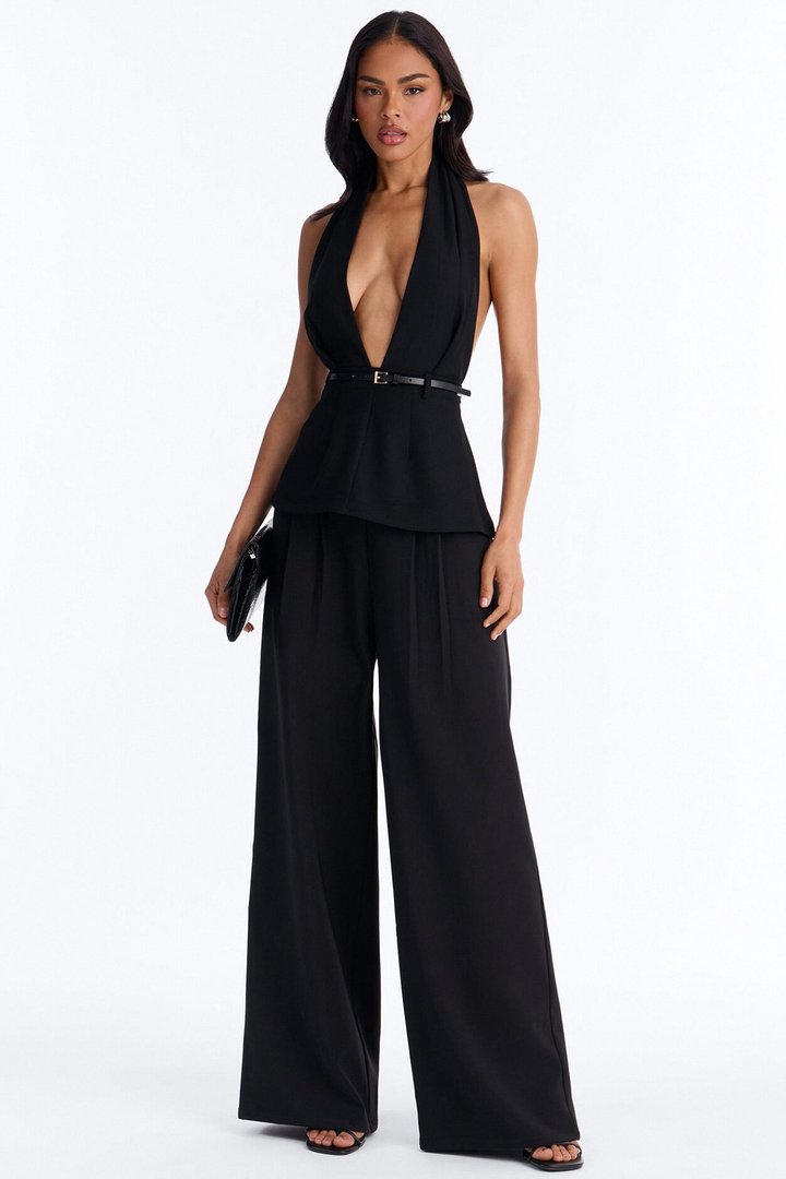 Minimal Talk Belted Twill Halter Top - Black