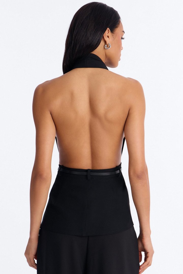 Minimal Talk Belted Twill Halter Top - Black