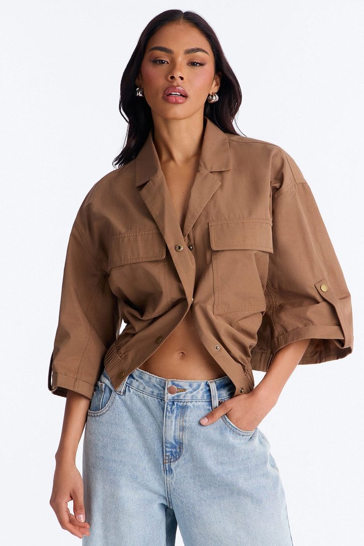 Plans Made Oversized Airflow Shirt - Brown