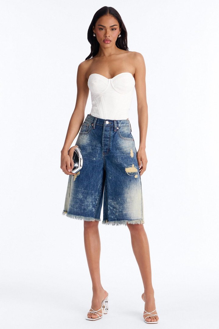 La Brea Cut Off Ripped Premium Washed Denim Jorts - Vintage Wash