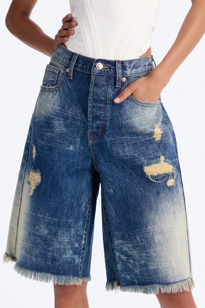La Brea Cut Off Ripped Premium Washed Denim Jorts - Vintage Wash