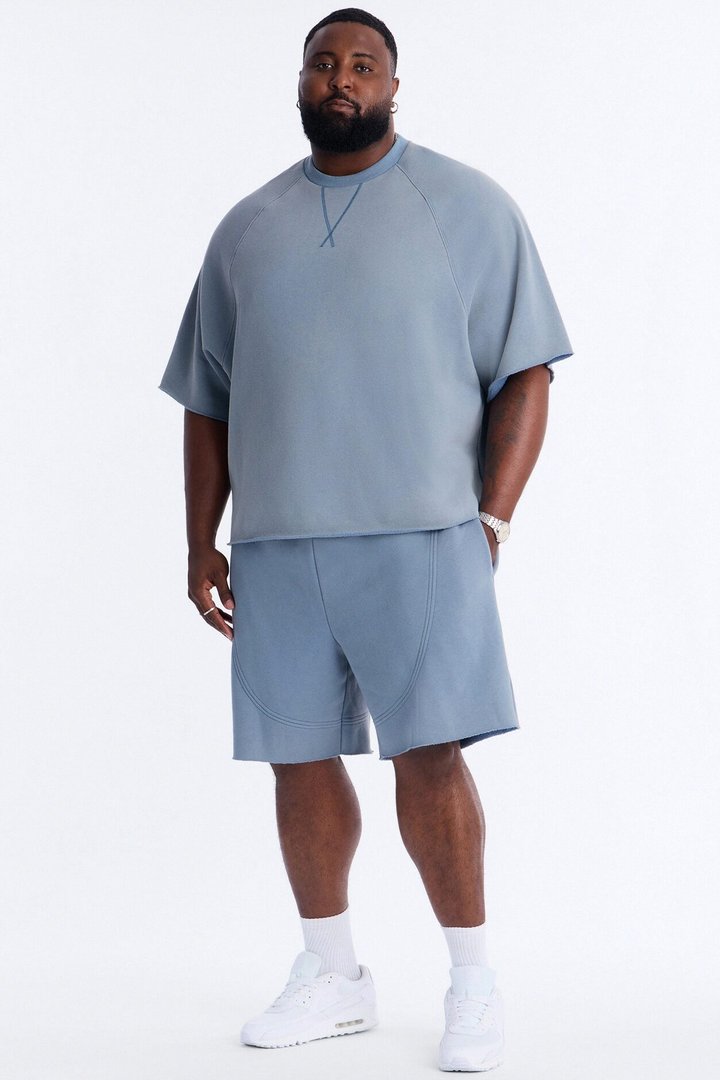 Washed Raw Edge Baggy Sweatshort - Slate Blue