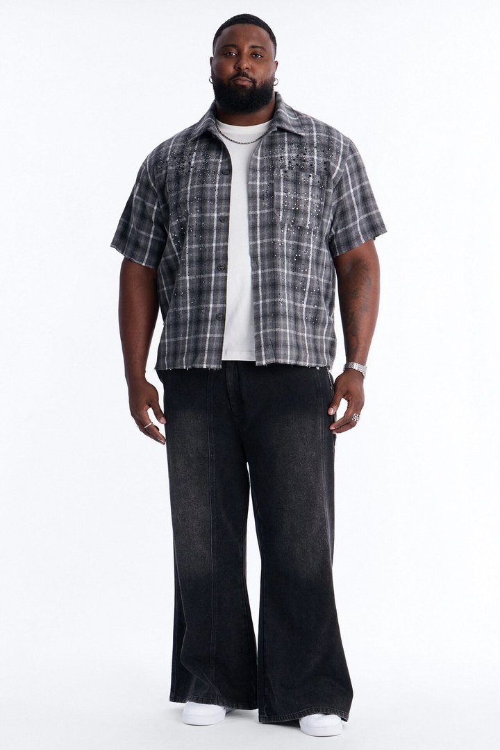 Jeweled Plaid Raw Hem Button Up Shirt - Black
