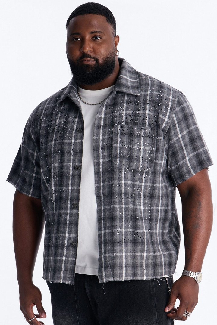Jeweled Plaid Raw Hem Button Up Shirt - Black