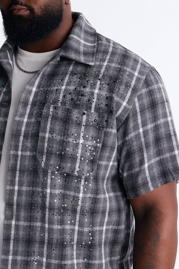 Jeweled Plaid Raw Hem Button Up Shirt - Black