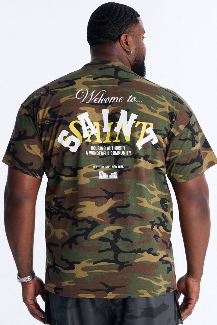 Welcome To Saint Authority Oversized Short Sleeve Tee - Camouflage