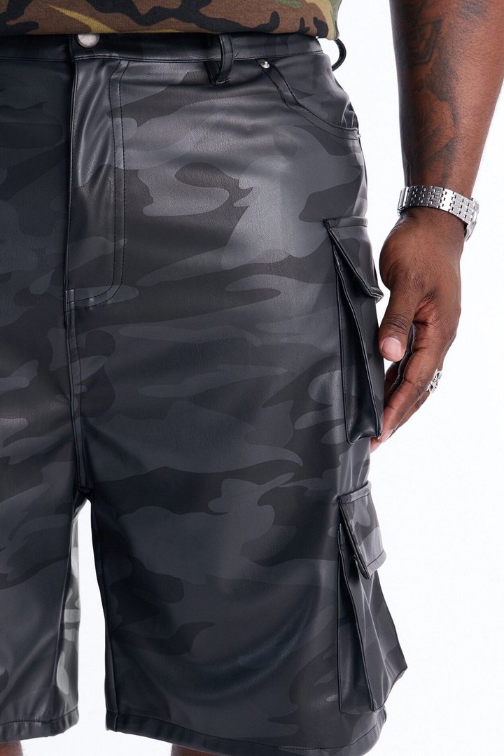 Faux Leather Camo Mirage Cargo Short - Grey