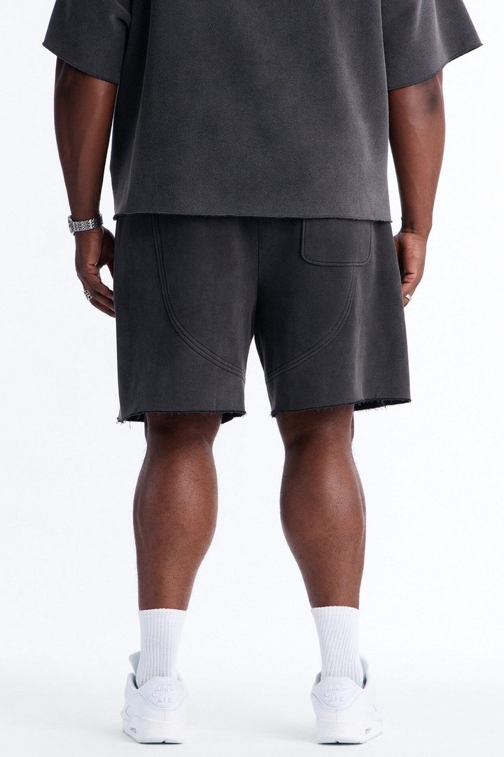 Washed Raw Edge Baggy Sweatshort - Black Wash