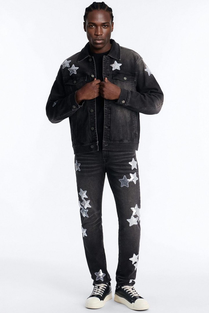 Electric Sequin Star Denim Trucker Jacket - Black Wash