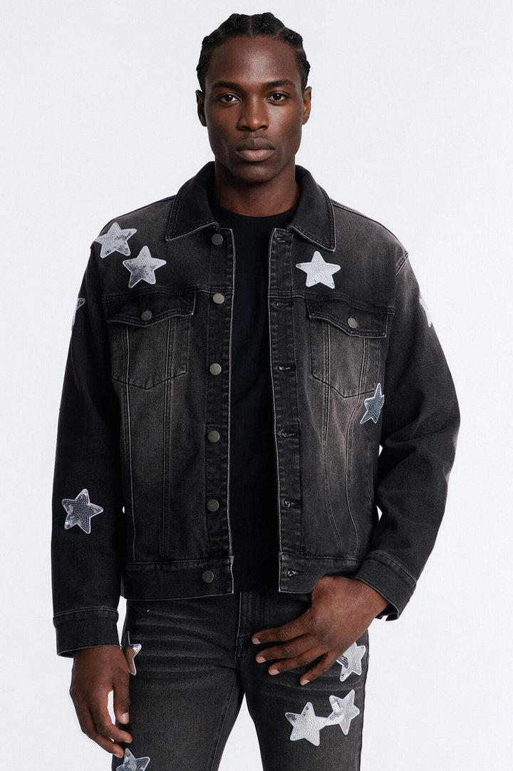 Electric Sequin Star Denim Trucker Jacket - Black Wash