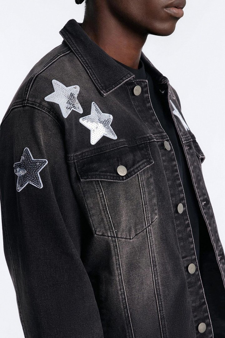 Electric Sequin Star Denim Trucker Jacket - Black Wash