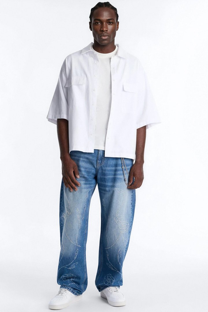 Barrel Etched Floral Jean - Medium Blue Wash