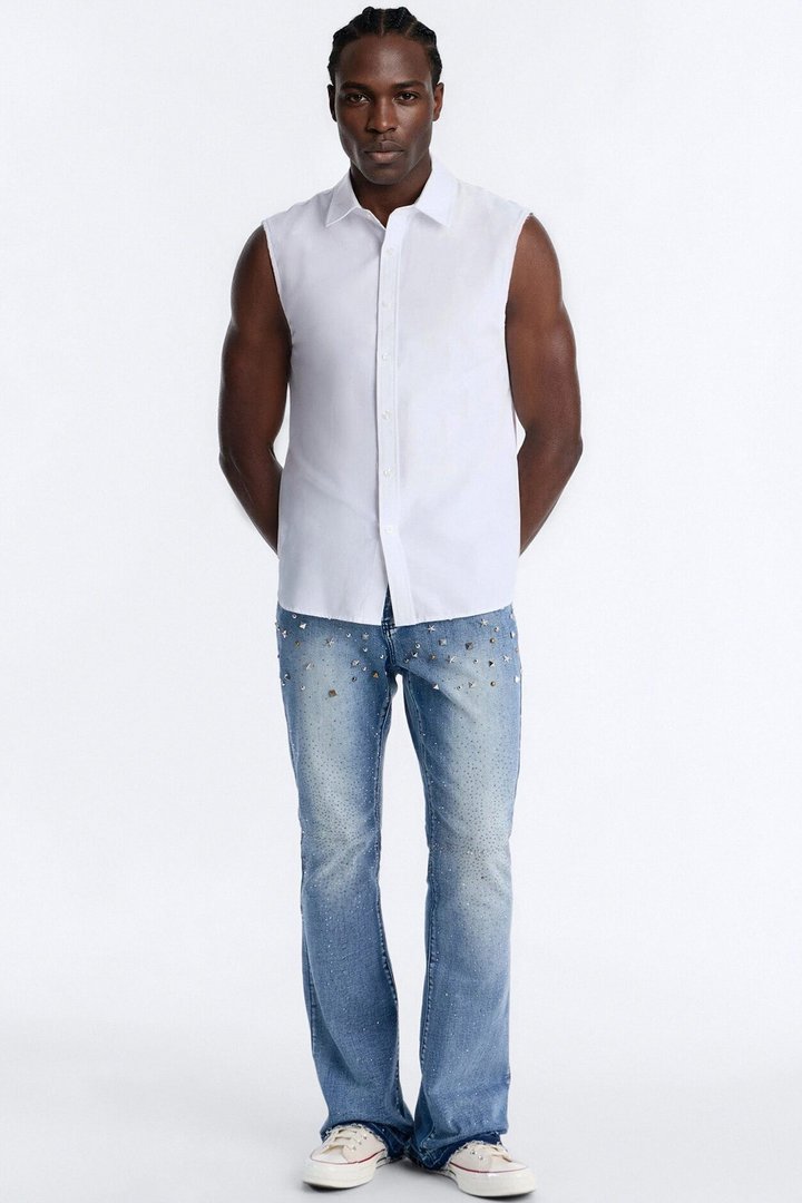Stacked Skinny Flare Star Burst Jeans - Medium Blue Wash