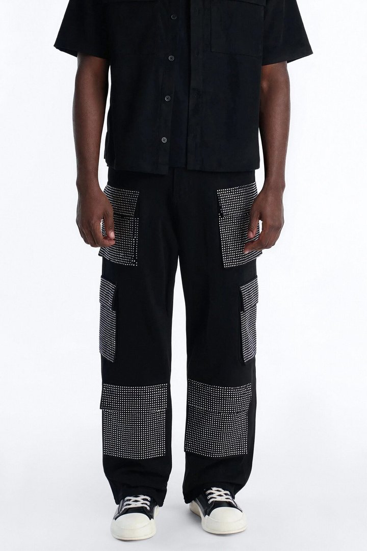 Baggy Rhinestone Combat Cargo Jean - Black Wash