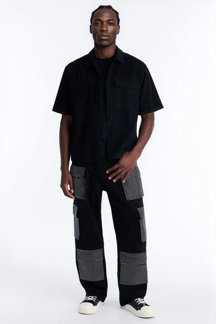 Baggy Rhinestone Combat Cargo Jean - Black Wash
