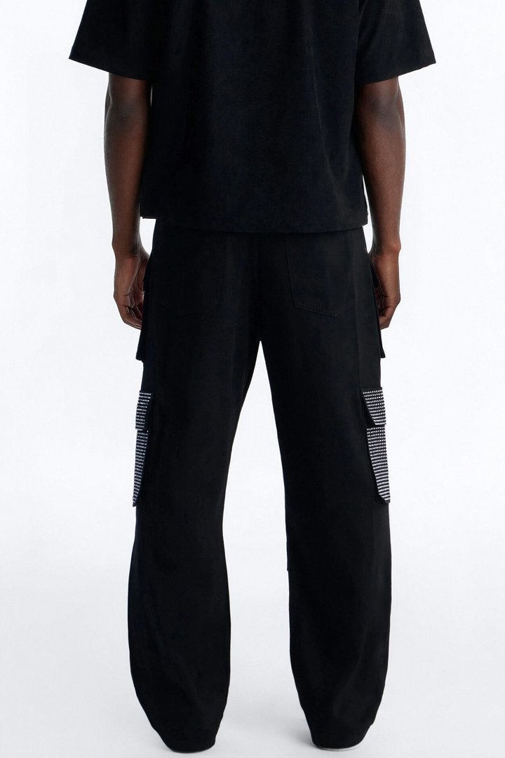 Baggy Rhinestone Combat Cargo Jean - Black Wash